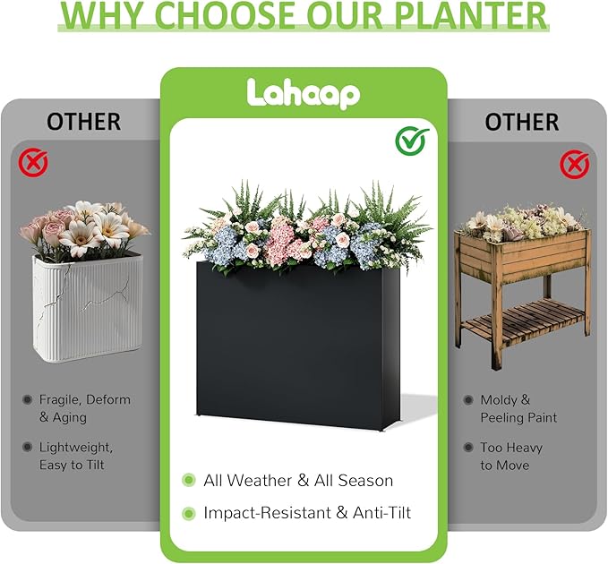 LAHAAP Planter Box Outdoor 38"W x 10.2"D x 30"H- Tall Rectangular Planters for Outdoor Patio/Porch, All-Weather with Anti-dumping Kit, Durable Galvanized Steel, Modern Design for Plants, Flower,Garden