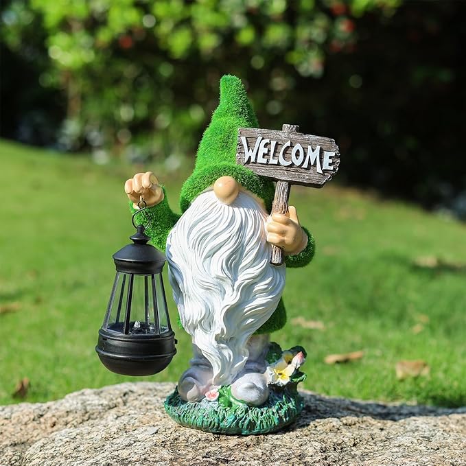 Garden Outdoor Statues, Solar Gnome Statues,Gnome Decorations with Solar Outdoor Lights for Garden Decor, Sculptures & Statues for Front Porch Patio Lawn, Gifts for Mom, 13"