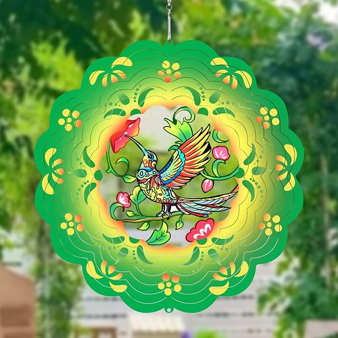 Hummingbirds Wind SpinnersOutdoor: Birthday Gifts for Women Metal Garden Ornament - 12inch Hanging Wind Chime for Outside Decorations, Gardening Presents for Mom Grandma Her