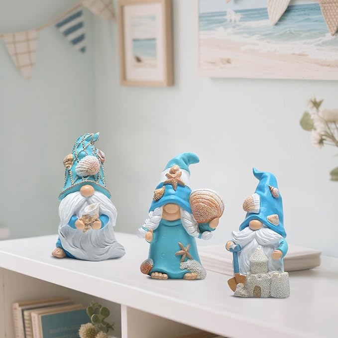 Hodao 3PCS Summer Gnomes Decoration Handmade Star Shell Gnomes Figurines for Home, Beach House Decor, Nisse Scandinavian, Summer Elves Decor for Table, Shelf, Living Room