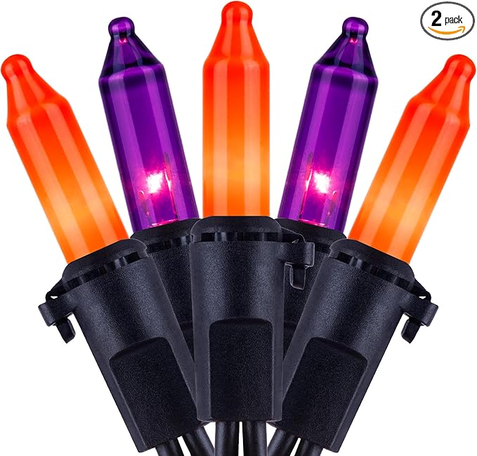 YULETIME 200 Orange & Purple Halloween Lights with Black Wire, Pack of 2 Sets 33 ft 100 Count UL Certified Christmas String Lights (Orange & Purple)