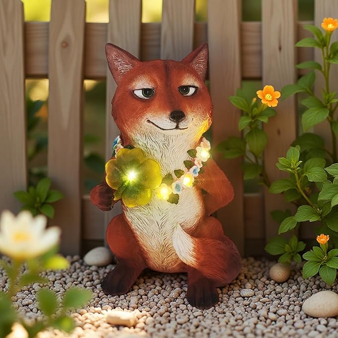 Solar Fox Garden Statue Nick Inspired 12 Inch, Resin Red Fox Figurine Led Outdoor Decor w/ Four-leaf Clover Light, Collectible Garden Guardian Yard Patio Ornaments for Spring St.Pactrick's Mom Gifts