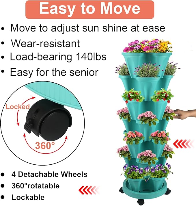DUNCHATY Stackable Planter, Vertical Garden Planter with Wheels and Tools, Self Watering Strawberry Planter Indoor/Outdoor 7 Tier Herb Planter Pots for Growing Vegetables and Succulents, Teal