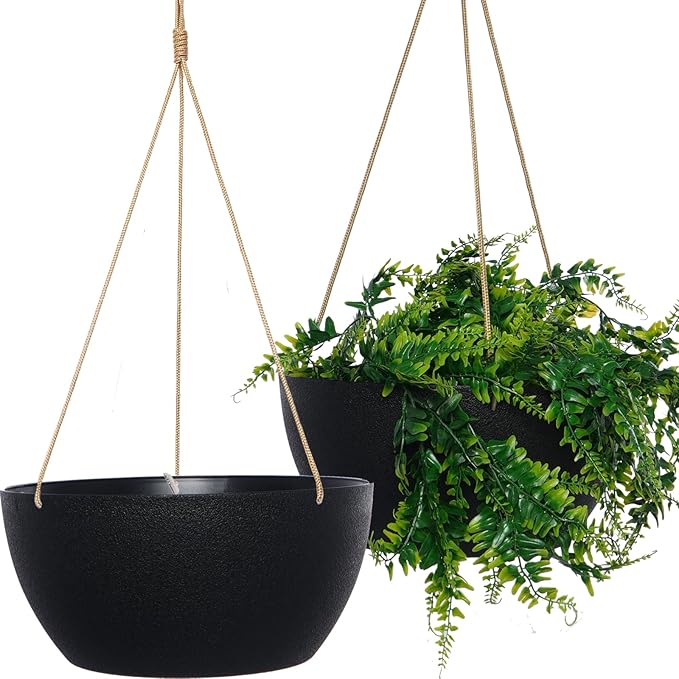 SwinDuck 13 Inch 2 Pack Large Hanging Planters for Indoor Outdoor Plants, Plastic Hanging Basket Pots for House Plants Flowers, Black