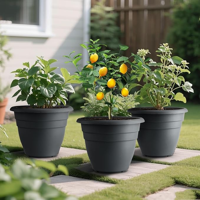 RooTrimmer 12 Inch Plant Pots, Large Planters for Outdoor Plants, Plastic Flower Pots - Durable and Lightweight with Drainage Holes (3 Packs, Gray)