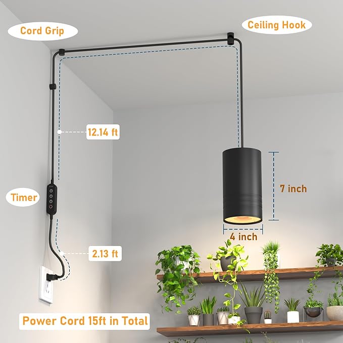 40W Plant Lights for Indoor Growing, Hanging Plant Lamp for Indoor Plants, Large Tall Plant, Garden, Flowers, Greenhouse, with Timer and 15ft Braided Power Cord, 3000K Full Spectrum, Aluminum Black