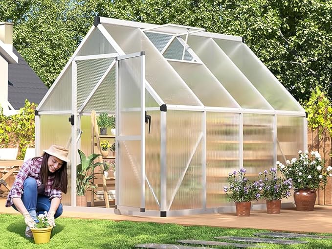 IDEALHOUSE 6x7 FT Greenhouse for Outdoors, Lockable Door and Ajustable Roof Vent, Polycarbonate Greenhouse with Windproof Aluminum Frame, Aluminum Walk-in Greenhouses, for Backyard, Lawn