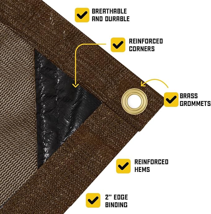 Core Tarps 60% Brown Shade Cloth with Grommets - 30 X 30 FT Heavy Duty Mesh Tarp - Sun Shade Cloth for Garden Vegetables Plants Greenhouse Outdoors Backyard Fences Dump Trucks Patio Mesh Shade Tarp
