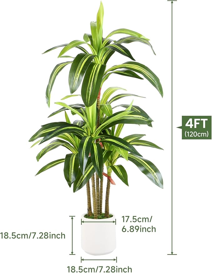 Alupssuc Artificial Dracaena Fake Tree 4FT, White High Pot Artificial Plants Indoor&Outdoor, Fake Plants for Office/Home/Living Room Potted Decoration, 4ft