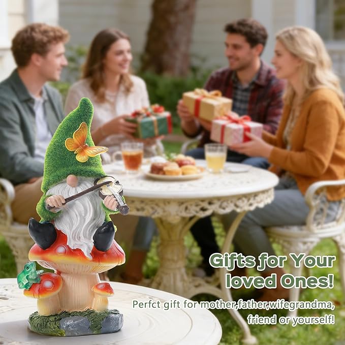 Solar Gnome on Mushroom Stool Statue Decor, Gnome Figurines with Ambiance LED Light for Garden Decorations for Patio Lawn Balcony Fairy Gardens, Housewarming Gifts for Women Mom Grandma