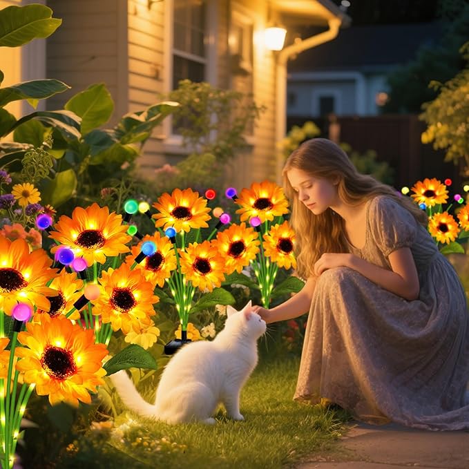 Solar Garden Lights-2 Pack Solar Sunflowers with Multicolor Changing Swaying Firefly Lights,Christmas Birthday Gifts for Mom Women,Waterproof Firefly Sunflower Light for Outdoor Patio Yard Decor