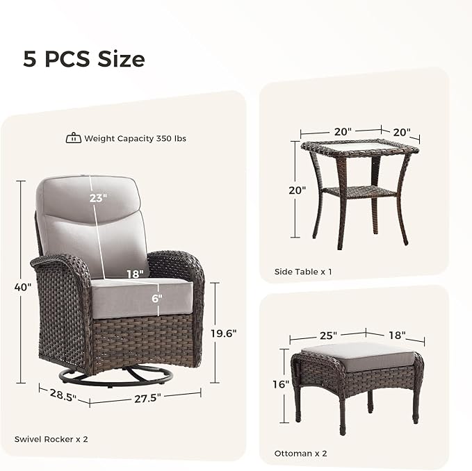 Luxury Patio Furniture Set with Swivel Chairs & 6-Inch Thick Cushions, Outdoor High Back Swivel Rocker Patio Chairs, 5PCS Wicker Outdoor Furniture Set for Porch, Yard, Deck, Poolside, Brown/Beige