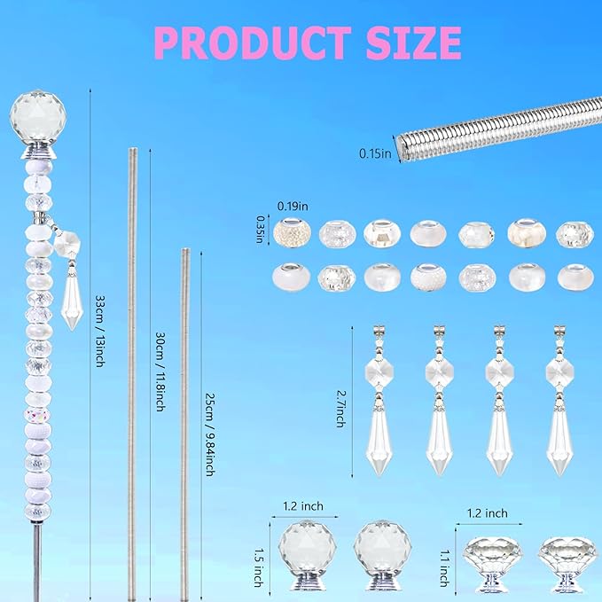 Exway 100 PCS DIY Fairy Wand Beaded Garden Stake Beads Kits with White Large Hole Beads 4 Crystal Stopper Top Threaded Rods and 4 White Sparkling Crystal Pendants for Outdoor Indoor Decor