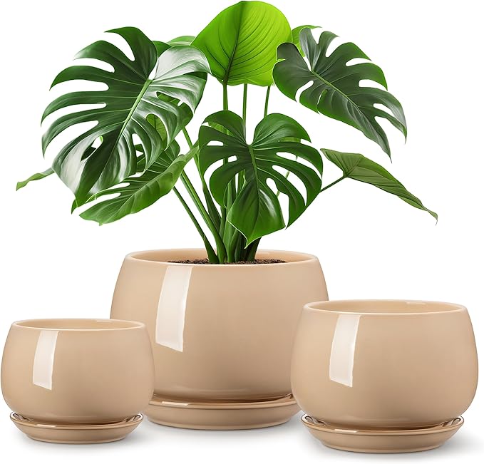 vancasso 3-Pack Ceramic Plant Pots, 7.3/9.6/11.6 Inch Indoor Planters with Saucers & Drainage Hole Planter pots for Indoor Plants and Flower, Brown
