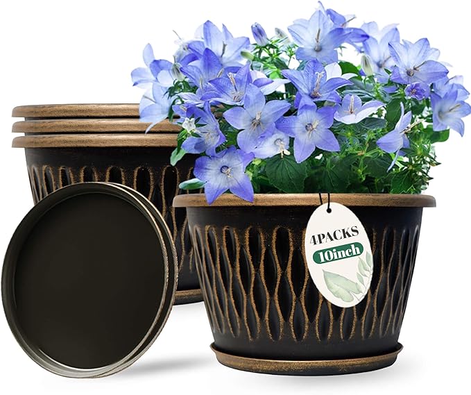 Usocik 4 Pack 10 Inch Retro Plant Pots, Vintage Striped Flower Pots with Drainage Hole & Saucer, Large Plastic Planters for Indoor and Outdoor Plants, Decorative Garden Pots(Gold)