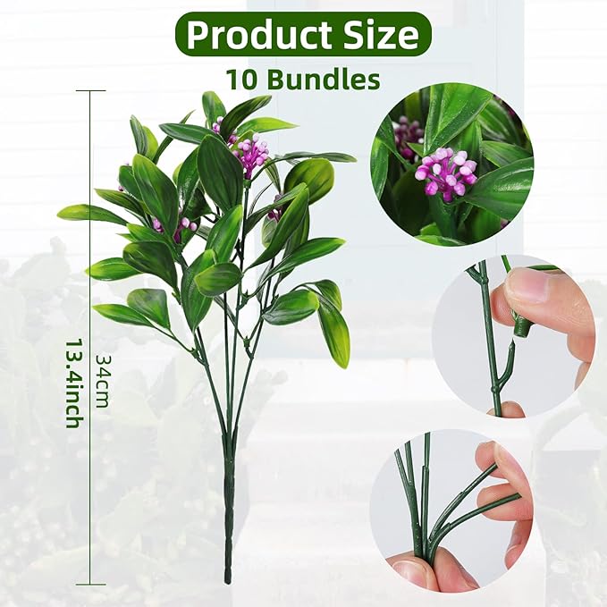 RECUTMS Artificial Shrubs Plastic Plants Fake Grass Leaves Bean Flowers Simulation Greenery Bushes Indoor Outdoor Home Garden Yard Veranda Office Planter Filler Wedding Decoration 10 Pcs (Fuchsia)