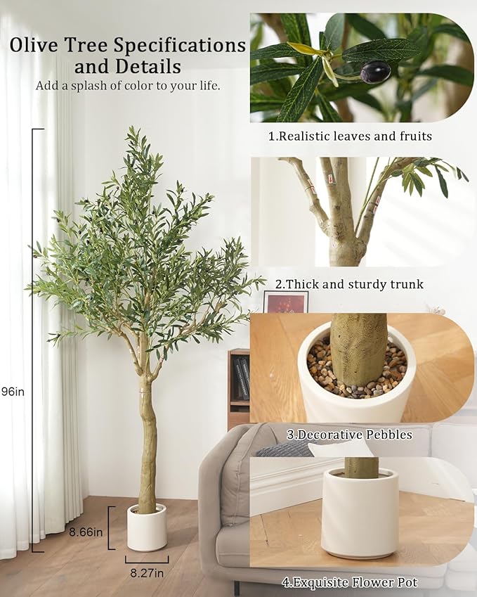 Sillaff Artificial Tree, 8FT(96in) Fake Tree Large Faux Plants Indoor Tall Faux Olive Tree with Pot, Nearly Natural Olive Branches and Fruits for Living Room Office Home Decor
