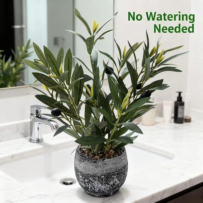 Ewtogift Indoor Faux Olive Plant 12 inch Artificial Silk Leaves in Elegant Planter Perfect Fake Olive Branches with Realistic Trunk and Lifelike Fruits Tabletop Greenery Decor for Home Office