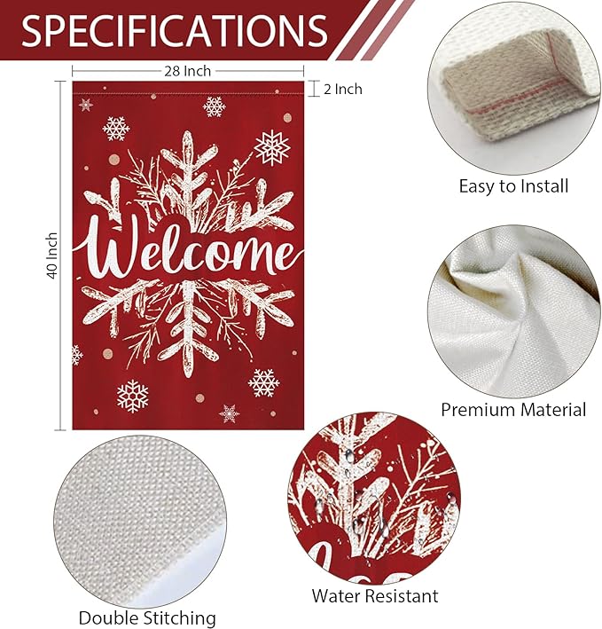 Heyfibro Christmas Welcome Garden Flag 28x40 Inch Double Sided Burlap, Winter Snowflake Yard Banner for Holiday Xmas Yard Outdoor Decoration(ONLY FLAG)