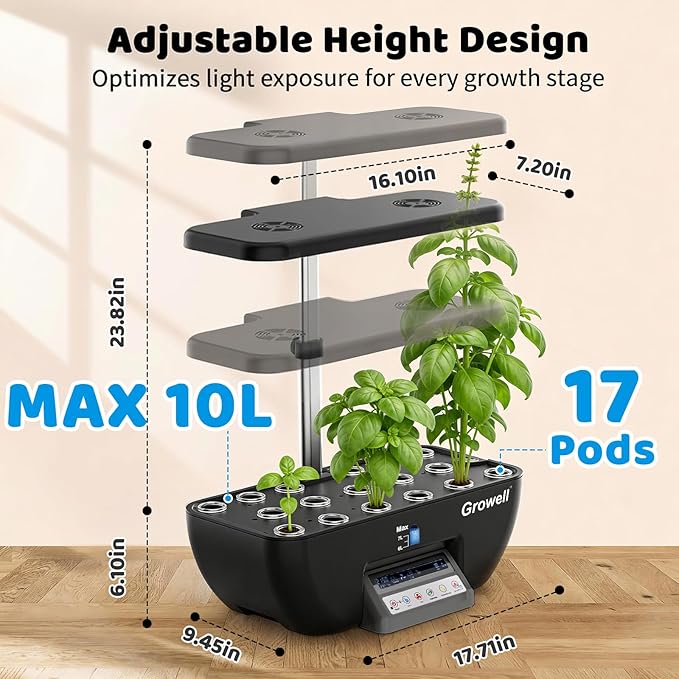 Hydroponics Growing System Kit, 17 Pods Indoor Herb Garden with Grow Light, Smart Water & Air Circulation with 2 Fans, Auto Timer, 10L Water Tank, Perfect Indoor Gardening System Gifts (Black)