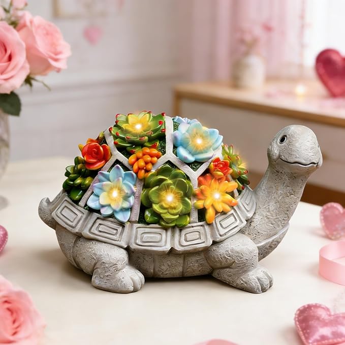 Nacome Solar Garden Outdoor Statues Turtle with Succulent and 7 LED Lights - Lawn Decor Tortoise Statue for Patio, Balcony, Yard Ornament - Chrismtas Gifts for Mom Grandma