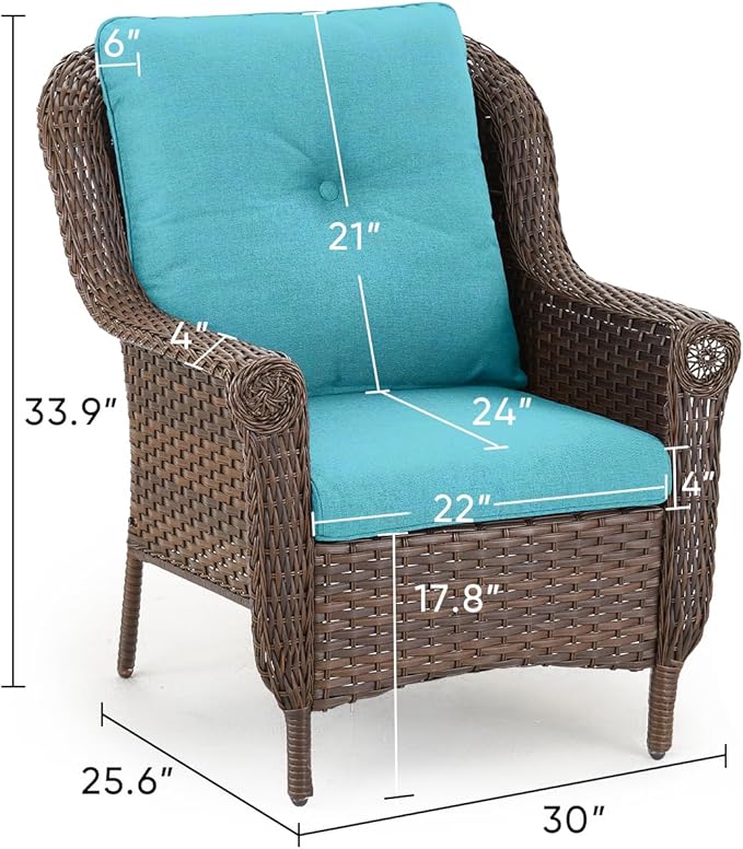 Patio Wicker Chairs Outdoor Furniture Chair - Set of 4 Outside All Weather Lawn Dining Brown Rattan Armchair with High Back&Deep Seating for Deck Porch Balcony Backyard Garden - Turquoise