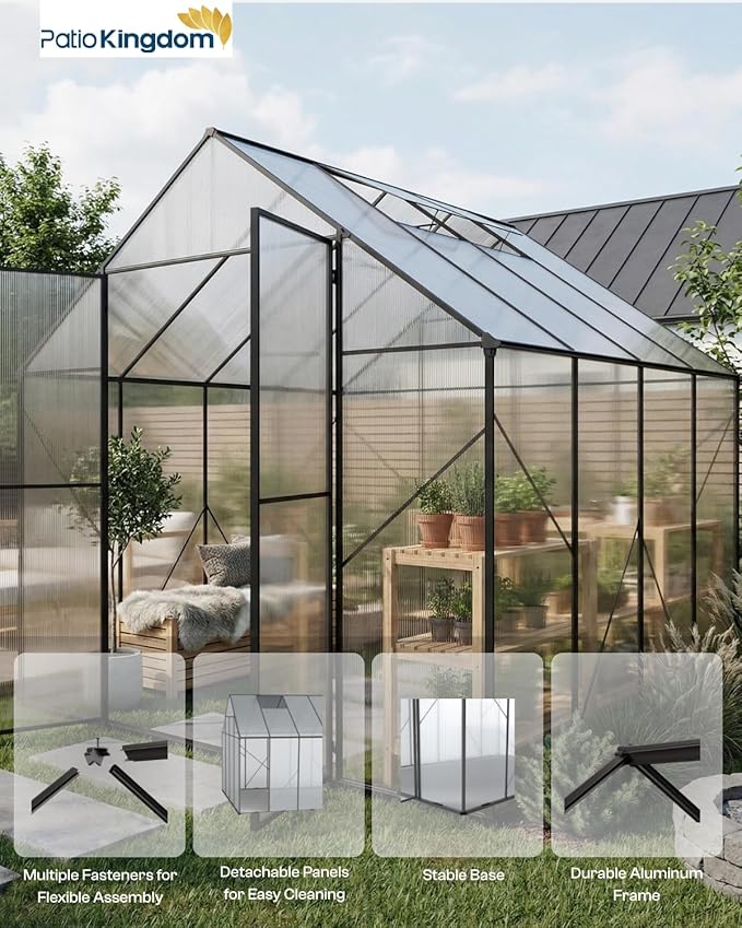 6x10 FT Greenhouse, Outdoor Greenhouse with Aluminum Frame, Polycarbonate Greenhouse for Outdoors with Roof Vent, Walk in Greenhouse for Outside Garden Backyard, Patio, Lawn (Black)