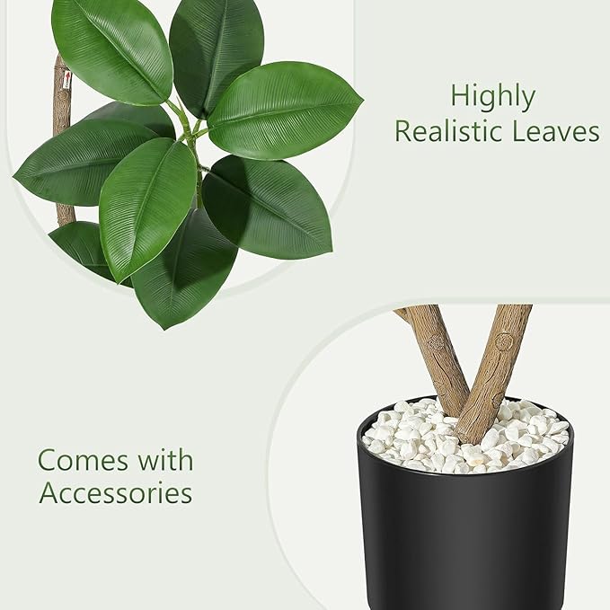Artificial Rubber Tree for Home Décor – Tall Faux Fiddle Leaf Fig with Real Touch Leaves – Black or White Planter & White Stones – Lifelike Exotic Indoor Floor Plant – 7FT