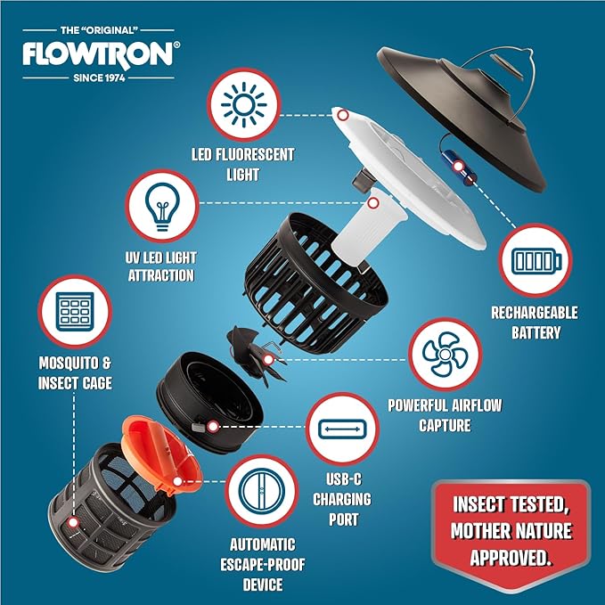 Flowtron Bug Trap Lantern | 2-in-1 UV Mosquito Trap & LED Camping Lantern, 21000 Sq Ft Coverage, 4000mAh Rechargeable Battery, Cordless Insect Trap with Fan for Patio Backyard Indoor Outdoor