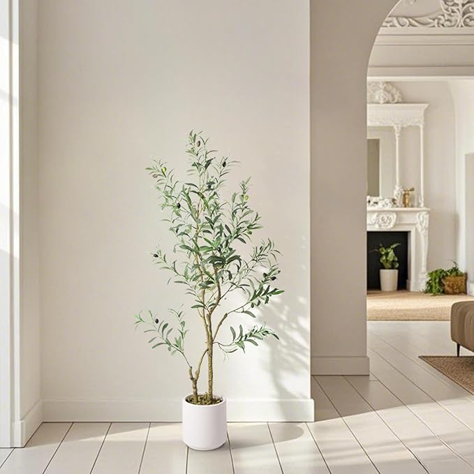 Artificial Fake Olive Tree 4FT Tall 1Pack with White Planter Faux Silk Olive Tree for Home Living Room Office Decor Faux Artificial Plants Indoor with Fruit & Free Moss