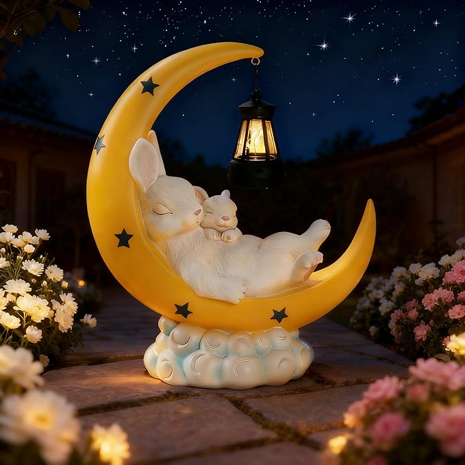 Easter Gift for Mom – Solar Powered Mother & Baby Rabbit Garden Light on Moon, Warm White LED Resin Statue for Yard and Patio | Mother's Day Gardening Gift