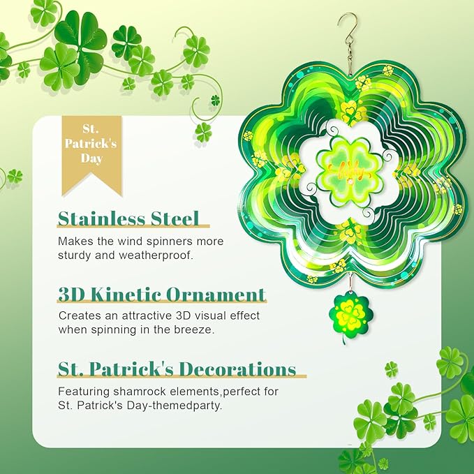 Spring Shamrock Metal Wind Spinners St Patricks Day Hanging Gifts for Women Mom Grandma,12inch Wind Spinner for Home Party Ornament Outdoor & Indoor Garden Decorations