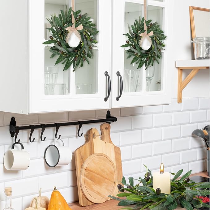 6 Pcs Artificial Green Olive Wreaths Greenery Wreath with Olive Leaves Mini Green Kitchen Cabinet Wreaths Swag Spring Summer Wreath for Front Door Porch Wall Window Farmhouse Wedding Decoration