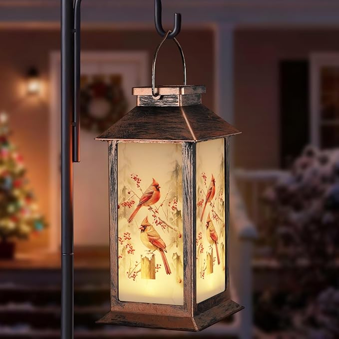 Solar Lanterns with Cardinal Theme Outdoor Waterproof Decorative Lights for Garden Birthday Gifts for Women, Mom, and Grandma Solar LED Hanging Lights for Yard, Patio, Lawn, and Porch(Snow Scene)