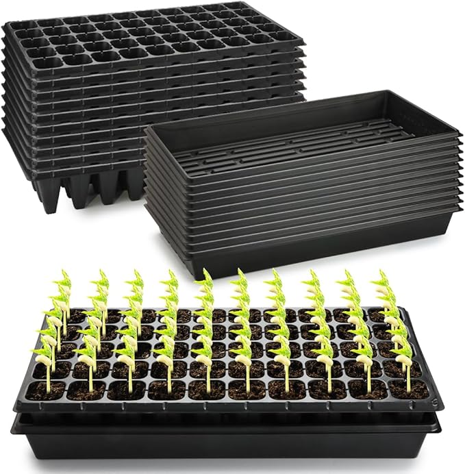 10 Pack 1020 Trays and 10 Pack 3.5" Deep 50 Cell Seed Starter Trays, 20" x 10" - Durable Plastic Nursery Flats for Microgreens, Seedling,Seed Germination & Plant Propagation (10 Set)
