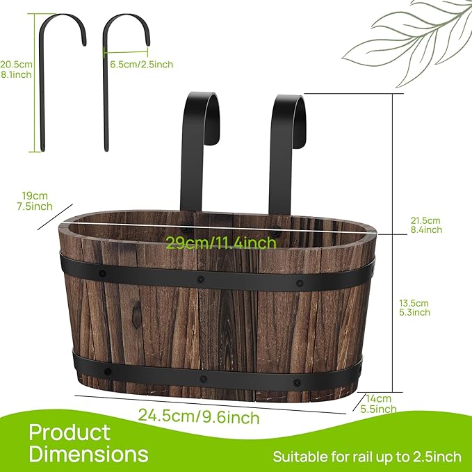 Wooden Hanging Planter for Railing Fence Outdoor Planter Railing Planter Boxes for Plants Wall Planters Window Flower Box Hanging Bucket Pots Countryside Plant Holder (Carbonized,2pcs,Small)