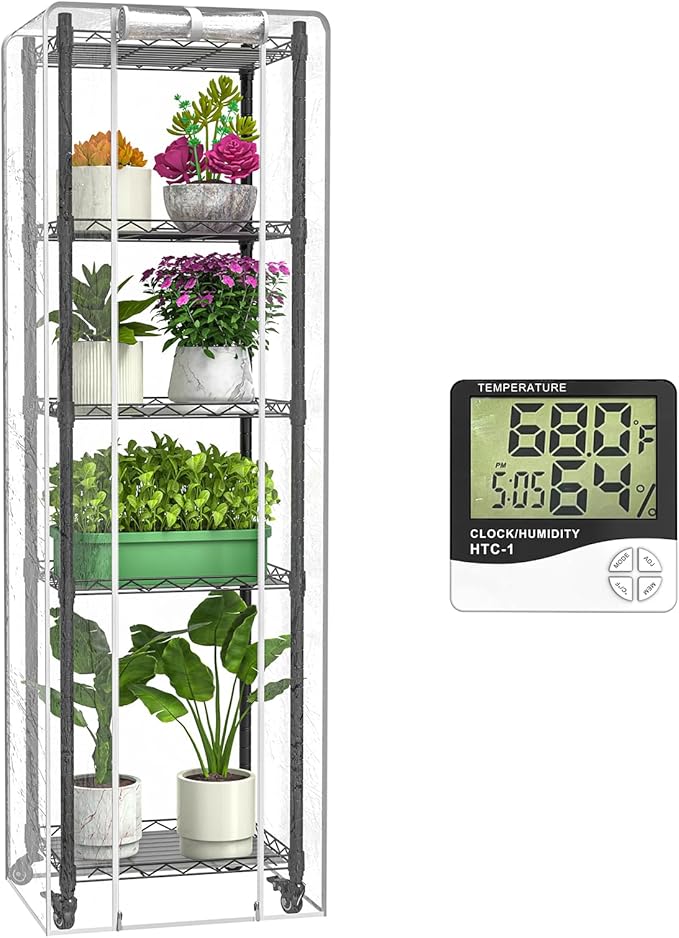 Mini 5-Tier Greenhouse for Indoor Outdoor , 15.7" L×11.8" W×62.3" H Portable Greenhouse with Clear PVC Cover and Metal Shelf for Growing Vegetables, Flowers and Seedlings, with Wheels