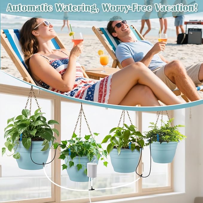 RooTrimmer Hanging Planters 10 Inch, 4 Pcs Flower Pots Automatic Watering System Set, Self Watering Hanging Basket with Drainage Hole for Indoor Outdoor Plants, Decor, Blue