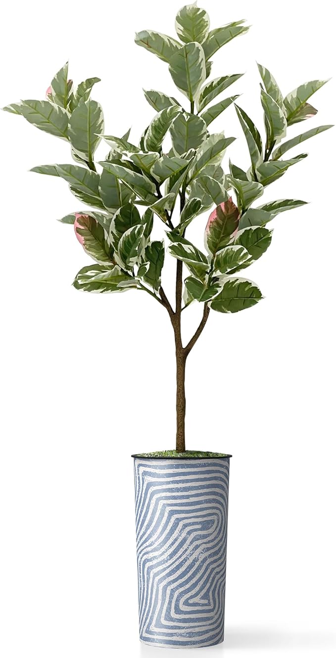 Artificial Tree in Contemporary Geometric Pattern Planter, Fake Rubber Silk TRE for Indoor and Outdoor Home Decoration - 70" Overall Tall (Plant Pot Plus Tree)