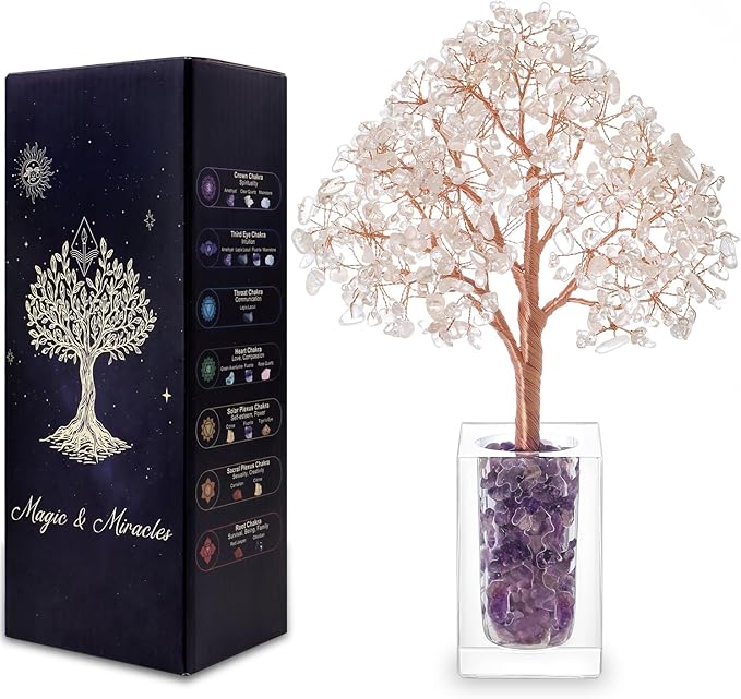 MAGIC AND MIRACLES Clear Quartz Crystal Tree with Amethyst Base, Desk Decor for Women Office Cubicle, Christmas Birthday House Warming Anniversary Motivational Gifts for Wife Friends Mom Daughter