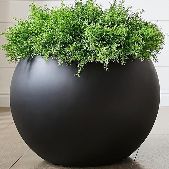 FloraFairy 21.3" D Fiberstone Extra Large Planter, Black 16.6" Pot Opening x 14.8" H, Spherical Flower Pot with Drainage Hole, Weather Resistance Indoor Outdoor Planters
