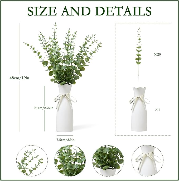 Grecezvk Faux Plants Indoor - Artificial Eucalyptus Stems in White Vase, Small Fake Greenery for Farmhouse Home Decor, Bathroom, Office, Classroom & Kitchen (Sage Green)