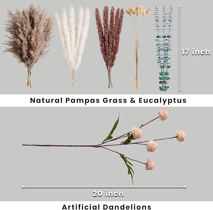 RoseTalk Simulation Flower Decor Luxury Faux Flower Arrangements – Realistic Artificial Flowers with Beige & White Peonies, Dried Pampas Grass, Bunny Tails & Eucalyptus