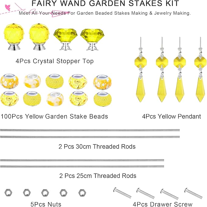 121 Pcs DIY Fairy Wand Beaded Garden Stakes Kit, Fairy Wands Garden Kit Yellow Large Hole Bead with Pendants Crystal Stopper Top Threaded Rod Beaded Garden Stakes Supplies for Outdoor Decorative