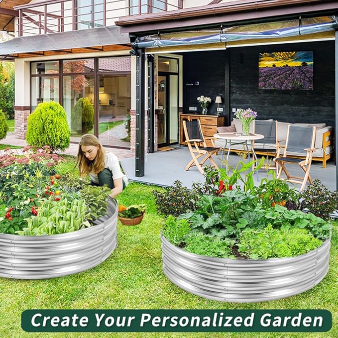 4 ft Galvanized Steel Round Raised Garden Bed, Large Outdoor Metal Planter Box Big Flower Plant pots for Patio Backyard Porch Deck Planting Flowers Vegetables and Herbs (Silver, 4 ft)