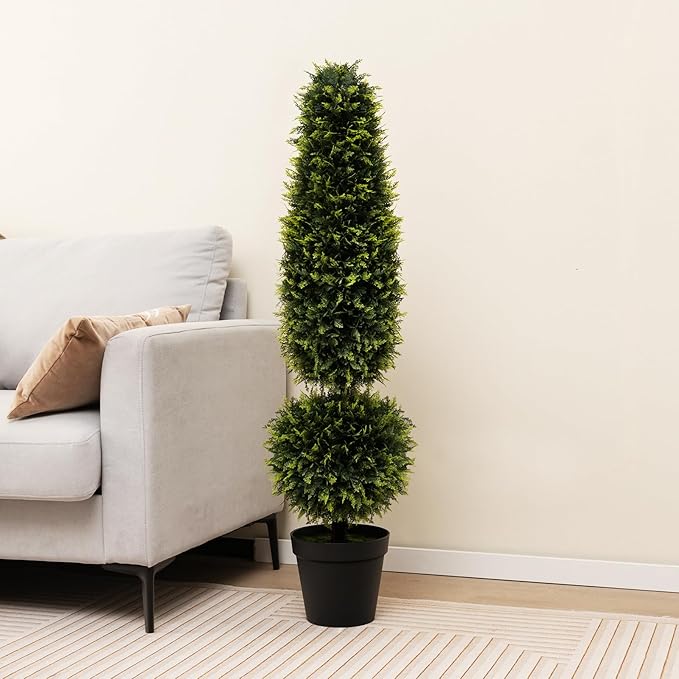 Goplus 4FT Artificial Cedar Topiary Trees for Outdoors, Set of 2 Faux Potted Plants Cypress Trees with Natural Vines, Cement Pot, Fake Evergreen Artificial Topiary for Indoor Home Front Porch Decor