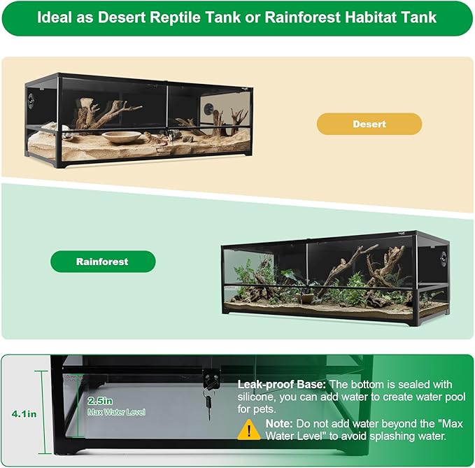 67 Gallon Reptile Tank Large Full Glass Terrarium, Bearded Dragon Tank Front Opening Reptile Enclosure Cage with Anti Escape Ventilated Top Lid for Snake Gecko Lizard Turtle 48''x18''x18''