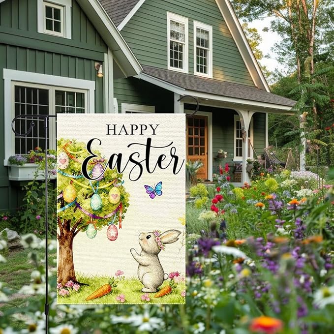 Happy Easter Garden Flag 12x18 Inch Double Sided Burlap Easter Watercolor Egg Tree Bunny Carrots Butterfly Outdoor Decor for Yard Patio Spring Easter Decor