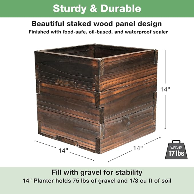 Large Decorative Wooden Planter w/ Universal Pole Support for String Light Poles, Umbrellas, Bird Feeders. Solid Wood Outdoor Garden Patio Box For Plants(Does not include Pole), 14"x14"x14", Brown