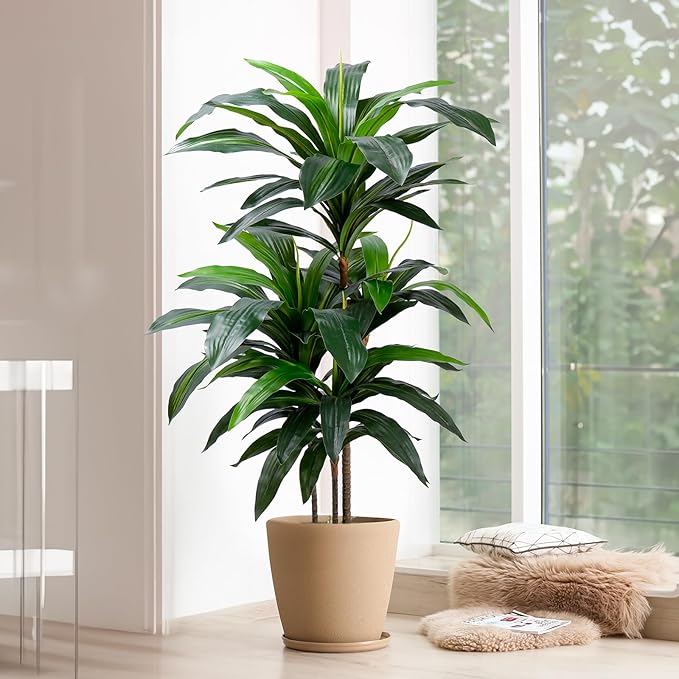 Yepdin Artificial Dracaena Tree 4FT, Fake Tree with Plastic Pot, Fake Tropical Yucca Floor Plant, Lifelike Foliage and Branches, Artificial Plants Indoor for Home Office Living Room Decor Indoor